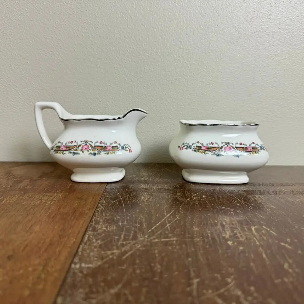 1930s WS George LIDO White Creamer &‎ Sugar Bowl Pink Roses Silver Platinum Trim